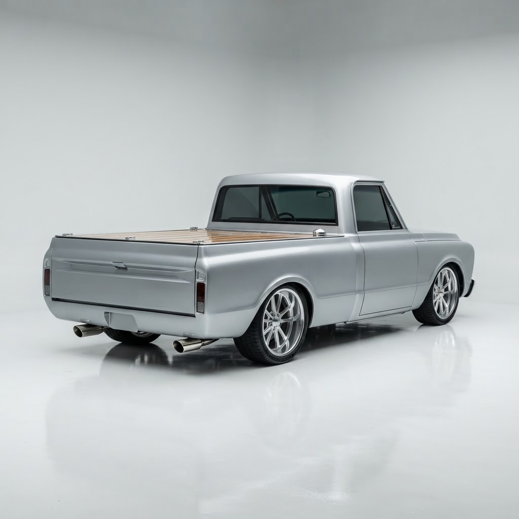 A finished custom-built pickup with clean dual exhaust exit — the result of quality fabrication