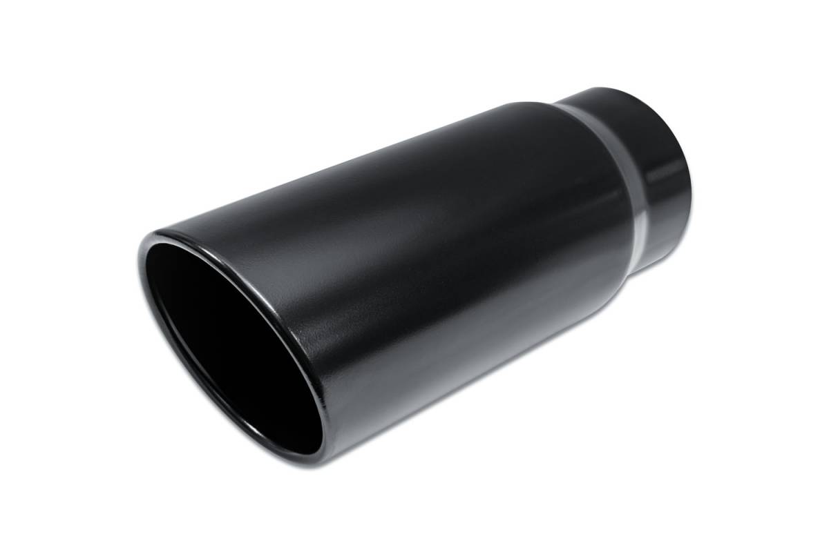 Black Powder Coat Single Wall SINGLE Exhaust Tip — 6.0" 15° Angle Cut Rolled Edge Outlet / 5.0" Inlet / 15.0" Length
